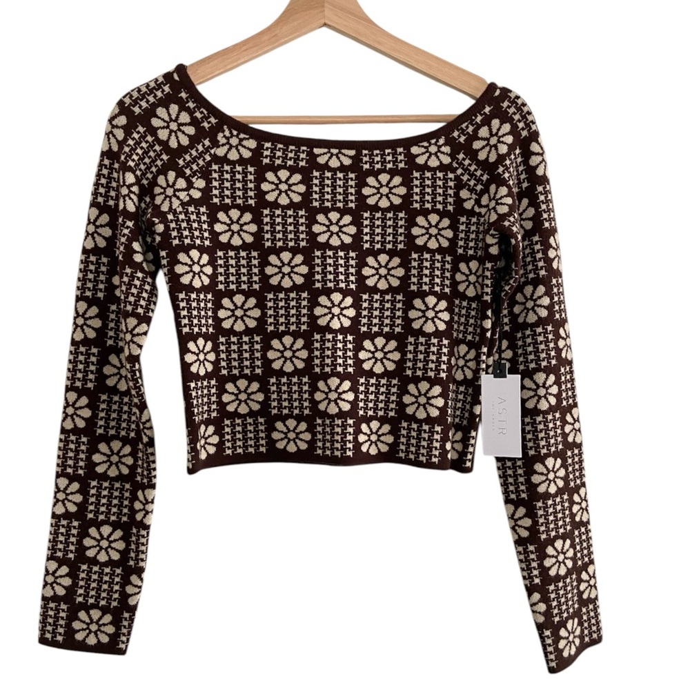 NWT ASTR Floral Sweater Brown Cream Retro Flower Print Freja Cropped The Label M